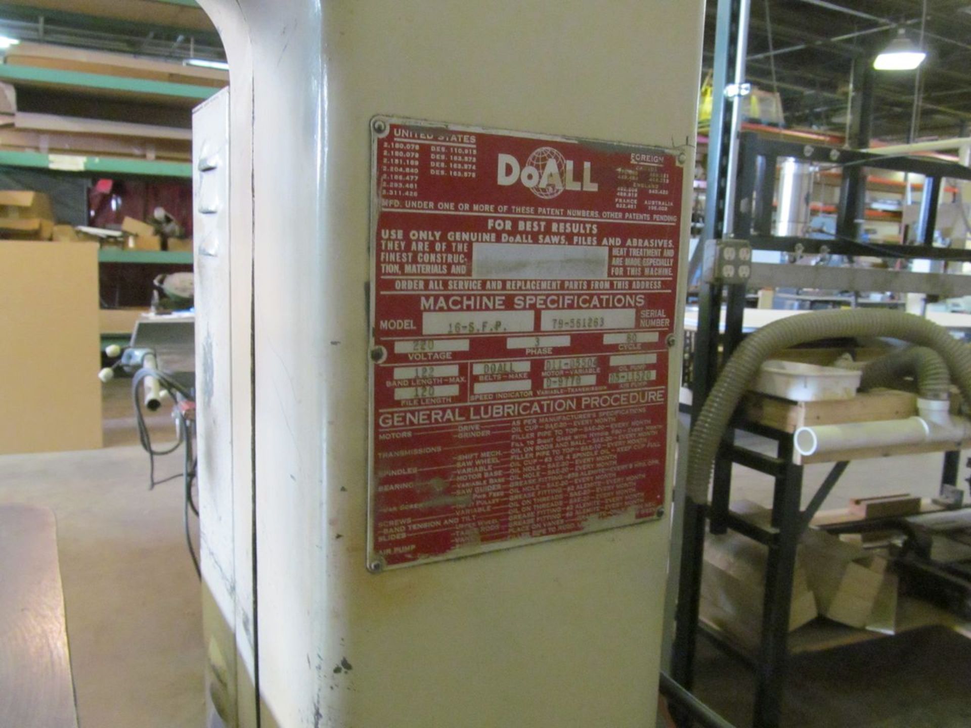 DoAll 16 in. Model 16-S.F.P. Job Selector Contour Vertical Band Saw, S/N: 79-561262; with 24 in. x - Image 6 of 7