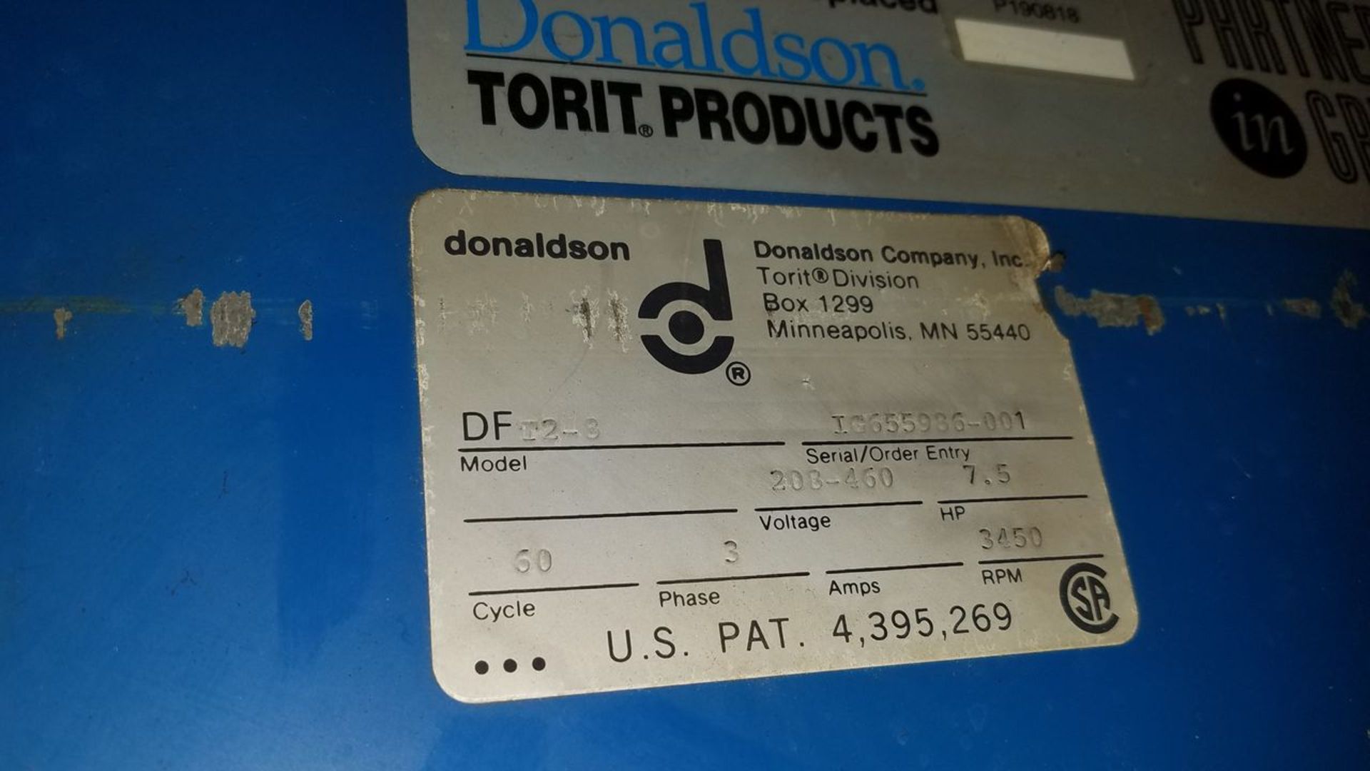 Donaldson Torit 7.5-HP Model DF T2-8 Downflo Dust Collector, S/N: IG655986-001; 3,450- RPM ( - Image 5 of 5