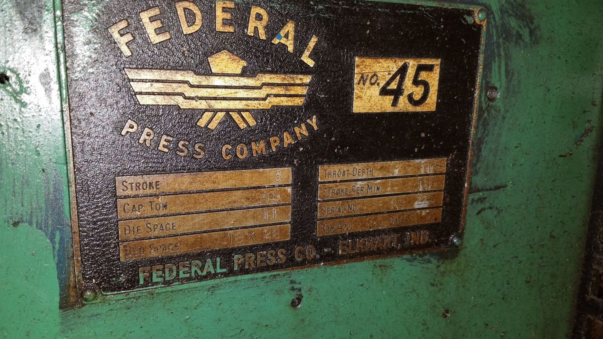 Federal 45-Ton Capacity No. 45 O.B.I. Stamping Press, S/N: 45-220; with Triad Model 3200 Punch Press - Image 8 of 8