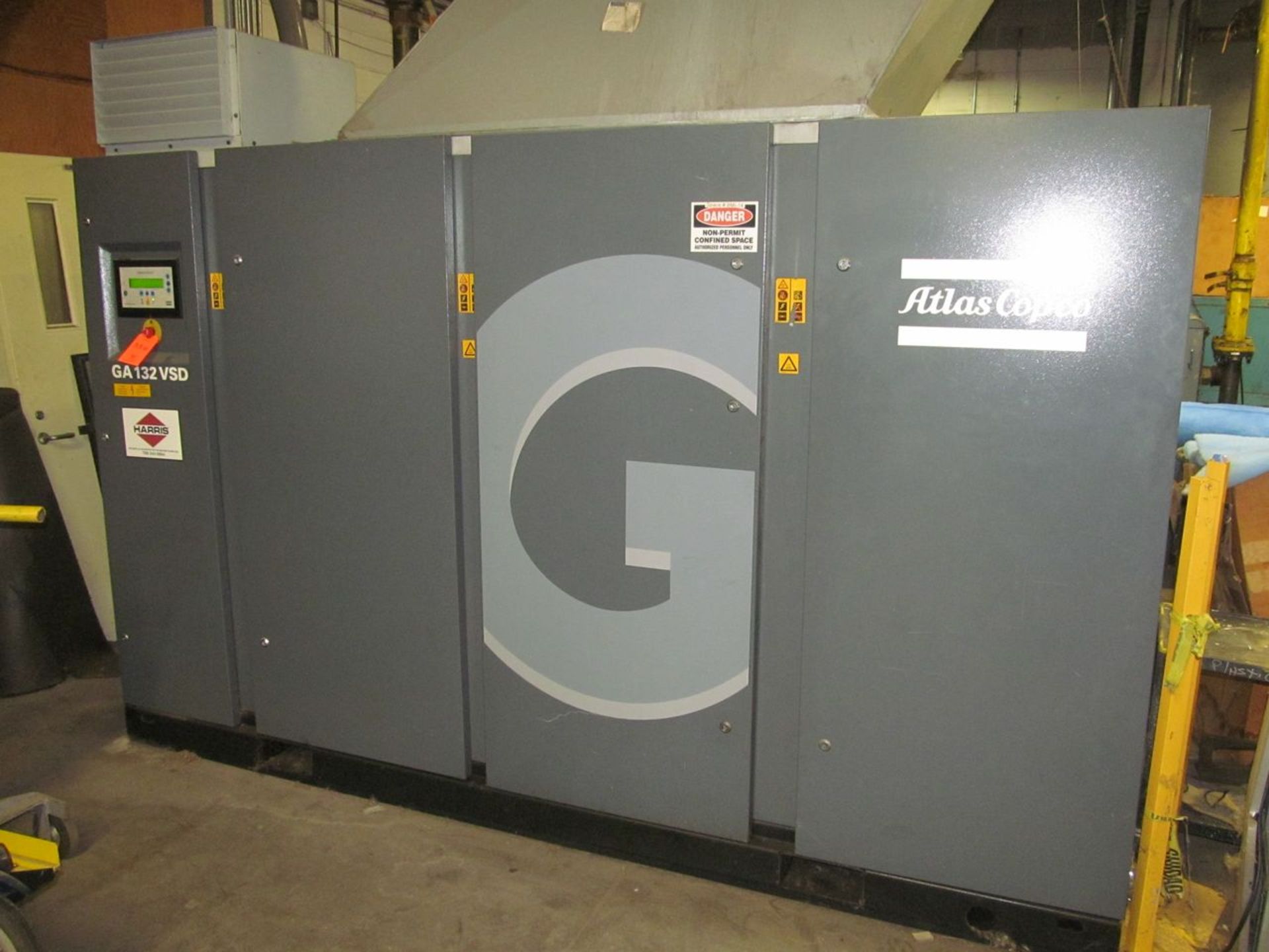 Atlas Copco 205-HP Model GA 132 VSD Rotary Screw Type Skid Mounted Air Compressor, S/N: APF