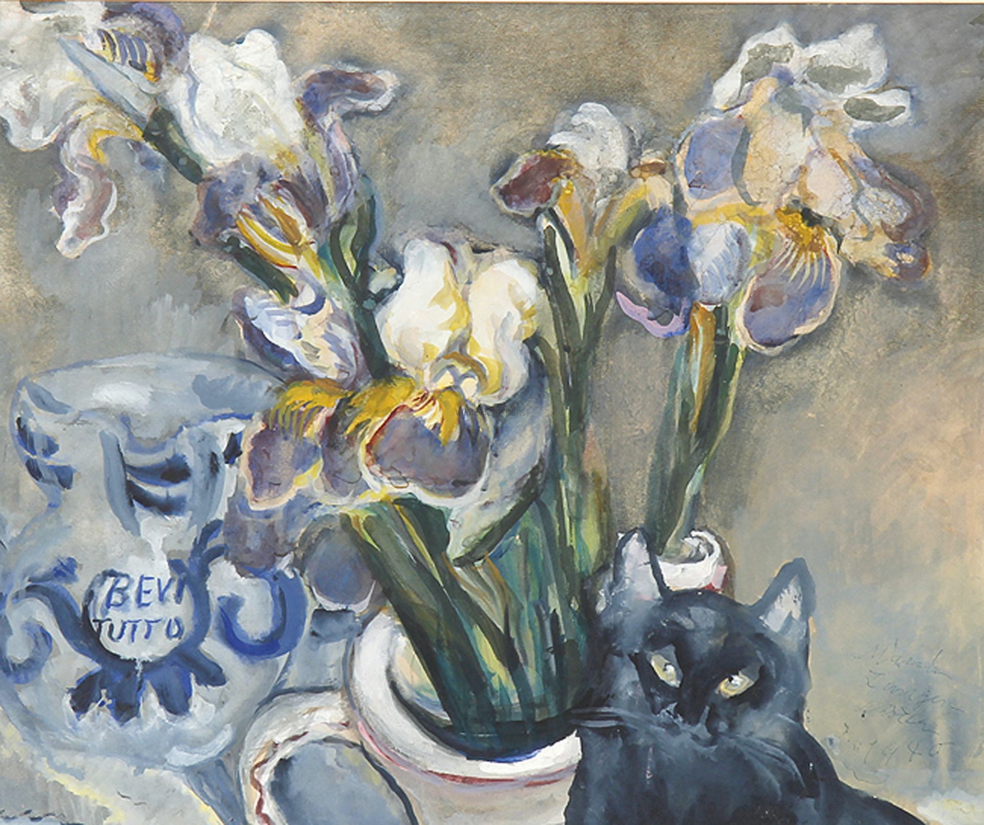 MARIA LANGER-SCHÖLLER: Stilleben mit Blumen und Katze.