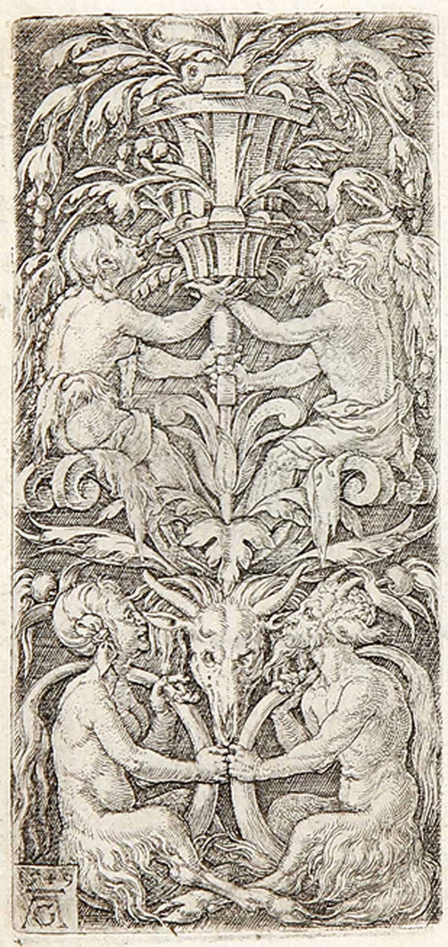 HEINRICH ALDEGREVER: Ornament mit zwei Satyrpaaren.