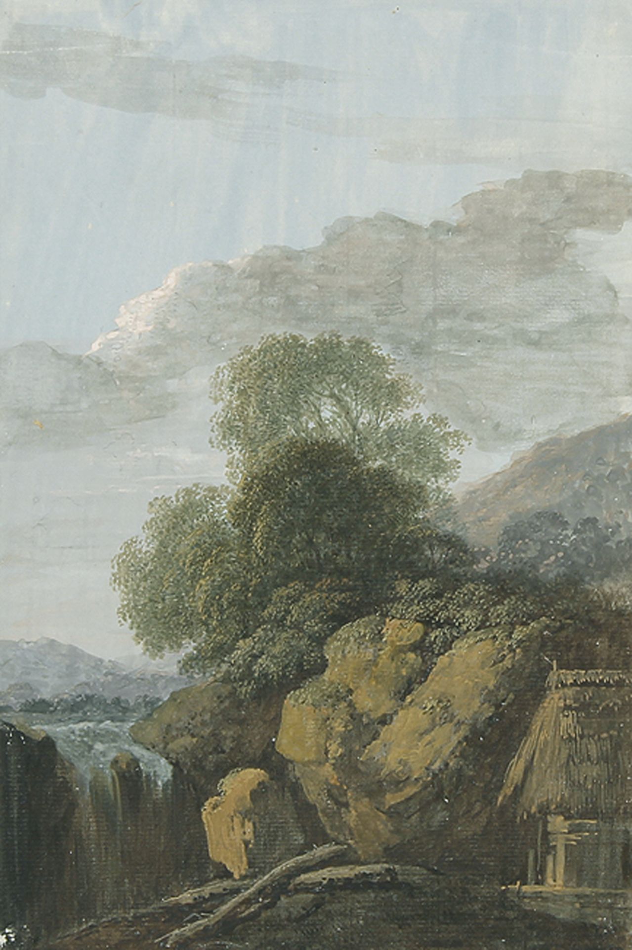 FRIEDRICH LUDWIG OESER: Landschaft mit Wasserfall und Hütte. 