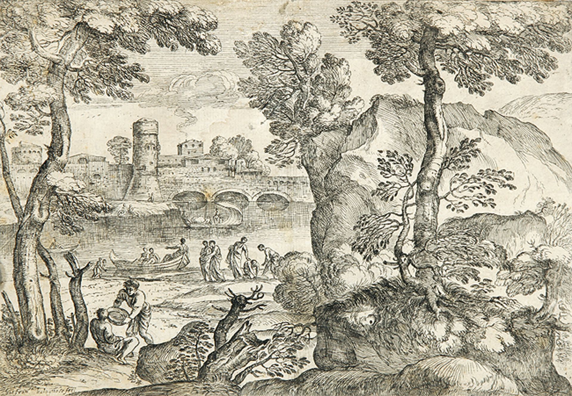 GIOVANNI FRANCESCO GRIMALDI, gen. BOLOGNESE: Landschaft mit drei Booten auf dem Fluss.