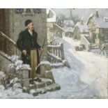 ALBERT MÜLLER-LINGKE: Winterliche Dorflandschaft mit Pfeifenraucher auf einer Treppe.