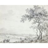 JOB AUGUST BAKKER: Weite Landschaft mit Bäuerin mit Kindern und Esel und Wanderer.