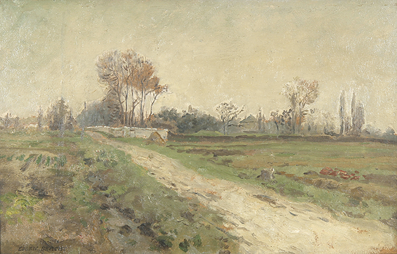 EUGEN BRACHT: Landschaft mit Feldweg bei einem Gebäude.