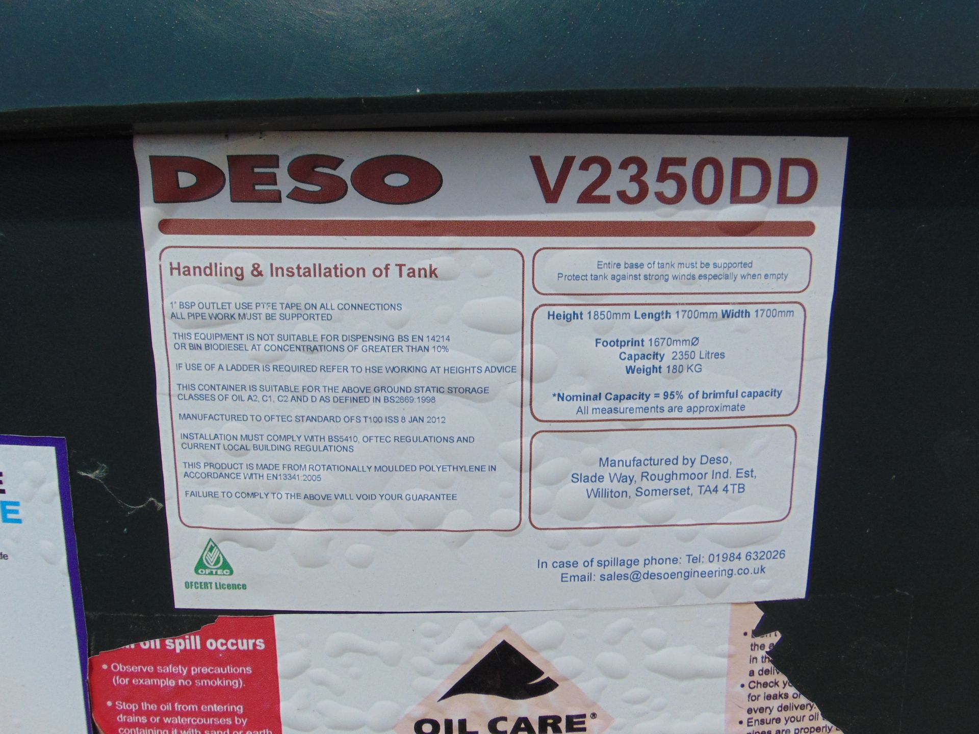 Deso V2350DD 2350 Litre Bunded Diesel Dispensing Tank C/W Delivery Hose, Pump etc - Image 5 of 12