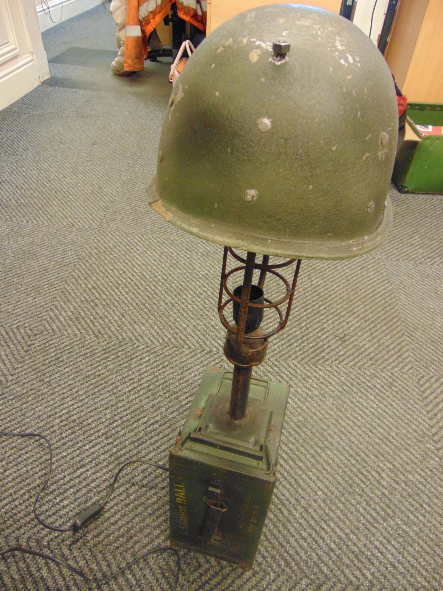 VERY UNUSUAL TABLE LAMP MADE FROM STEEL COMBAT HELMET AMNO BOX ETC