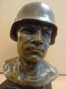 VERY NICE CAST BRONZE HEAD OF SOLDIER- MARKED FISHER- 15CMS X 8 CMS X 6 CMS