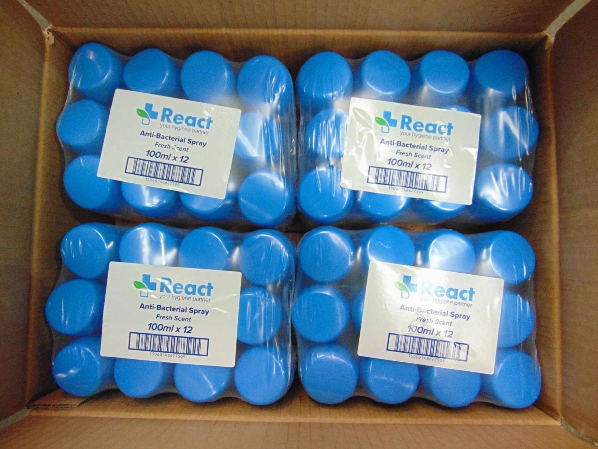 Pallet of 4800x Unused React Anti-Bacterial 80% Alcohol Sanitiser 2in1 Hands & Surfaces Spray - Image 5 of 7