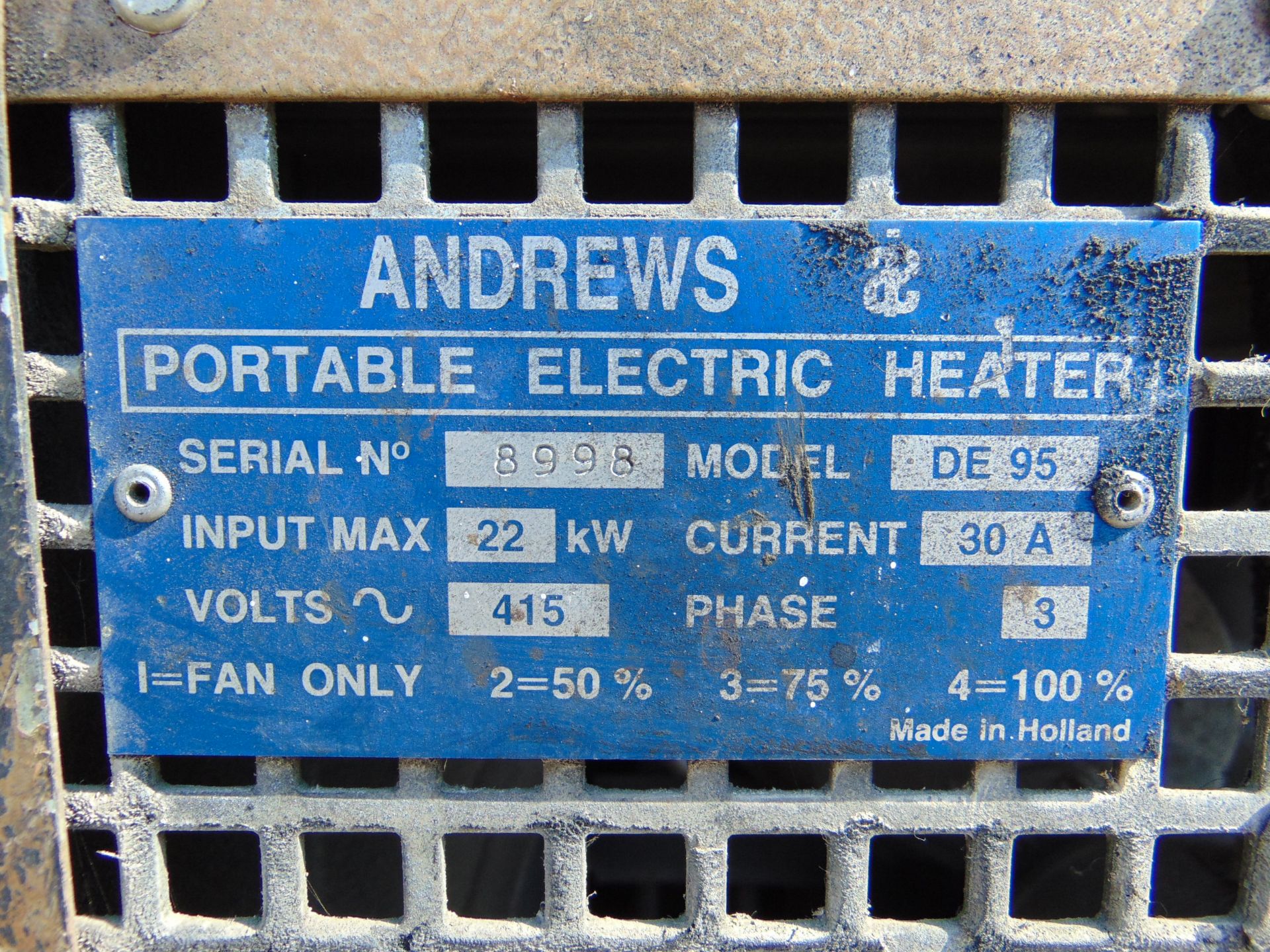 Andrews DE95 22Kw 415 Volt 3 Phase Portable Industrial Electric Fan Heater - Image 5 of 5