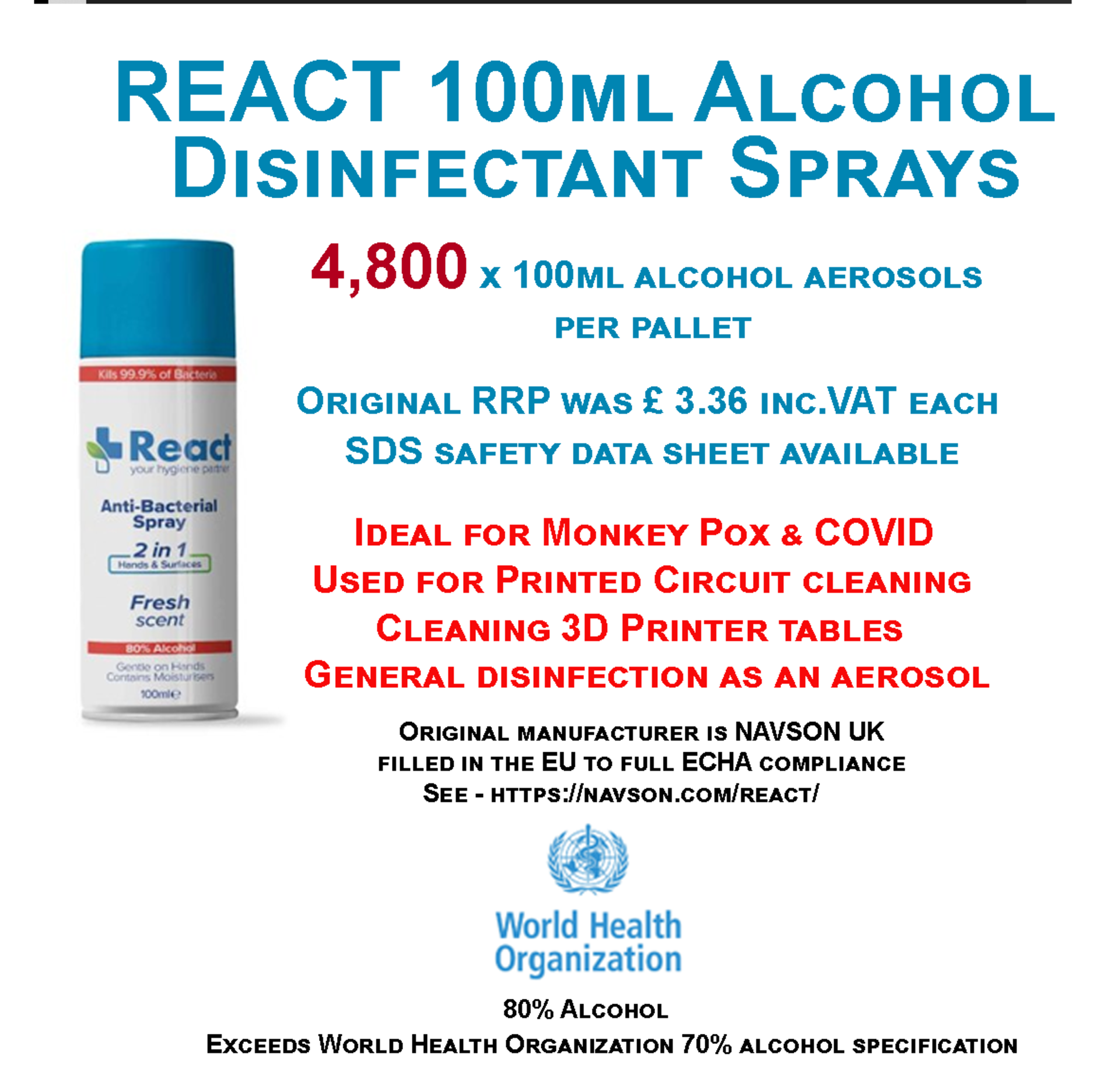 Pallet of 4800x Unused React Anti-Bacterial 80% Alcohol Sanitiser 2in1 Hands & Surfaces Spray - Image 7 of 7