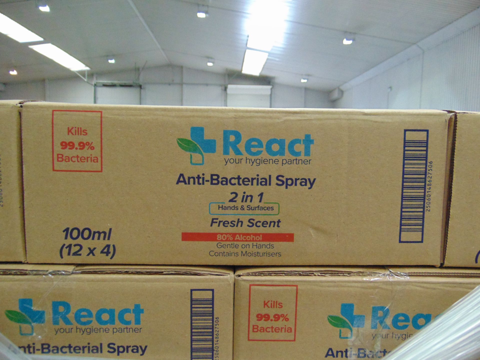 Pallet of 4800x Unused React Anti-Bacterial 80% Alcohol Sanitiser 2in1 Hands & Surfaces Spray - Image 3 of 7