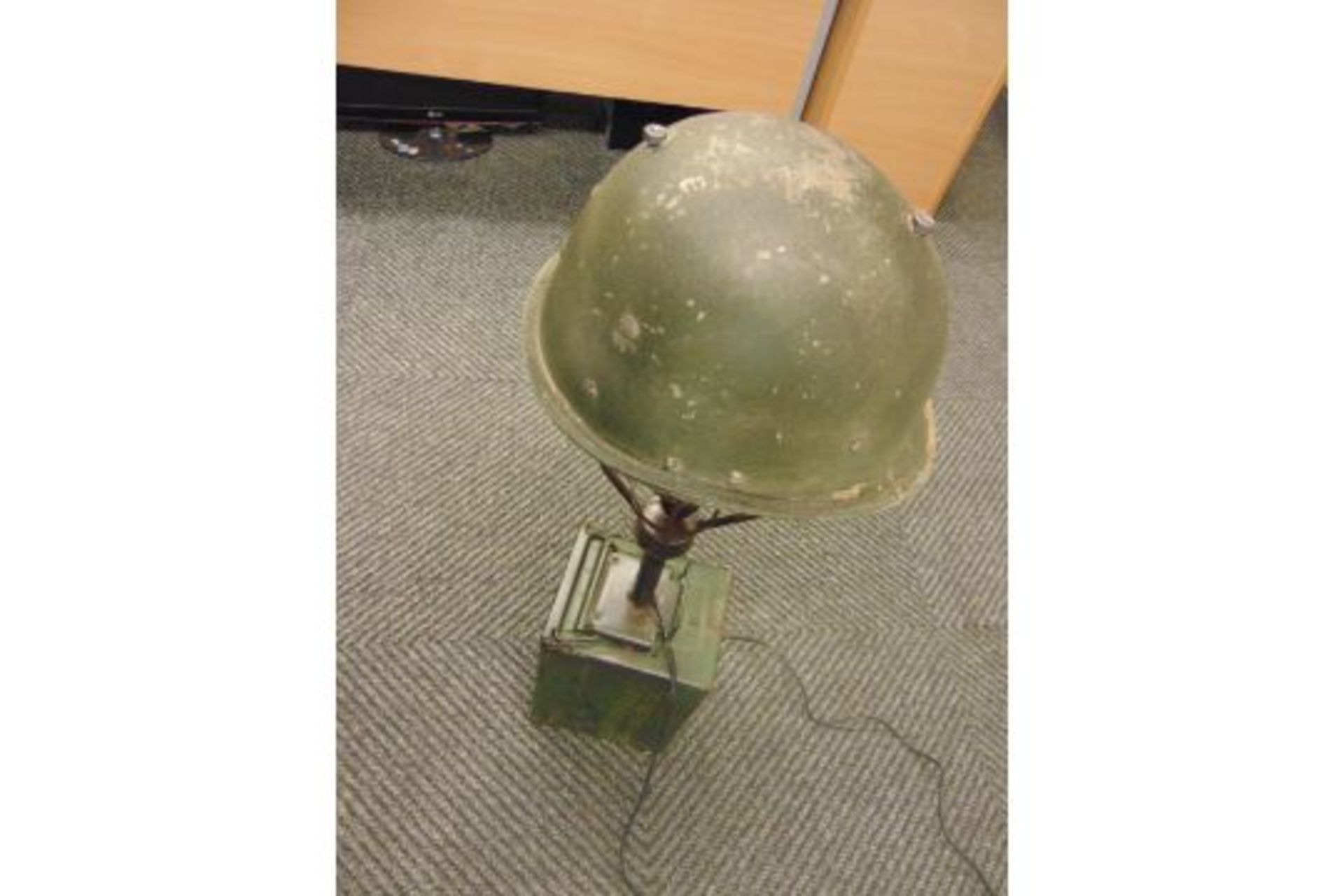 VERY UNUSUAL TABLE LAMP MADE FROM STEEL COMBAT HELMET AMNO BOX ETC - Image 2 of 6