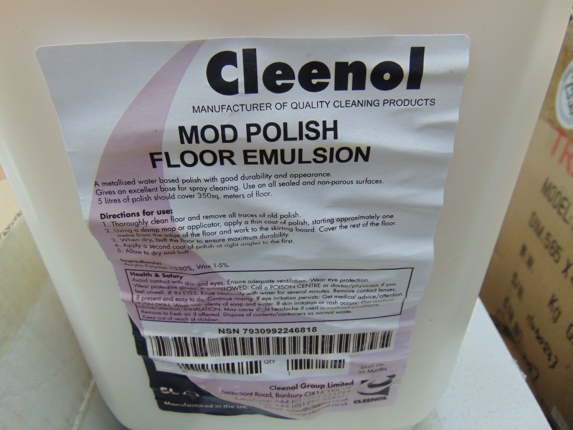 10x 5 Litre Drums of Cleenol MoD Polish Floor Emulsion Reserve Stock Unissued - Image 3 of 3