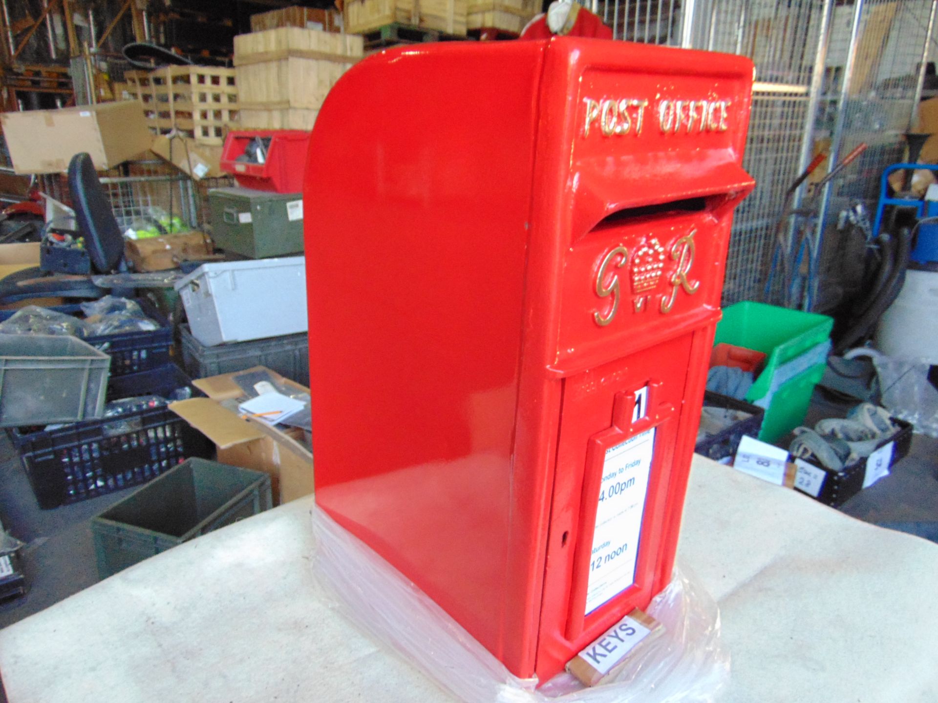 Red G R VI Post Box Cast Aluminum with Times and Collection c/w keys - Image 3 of 4