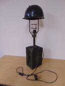 VERY UNUSUAL TABLE LAMP MADE FROM 50 CAL AMMO BOX AND COMBAT HELMET