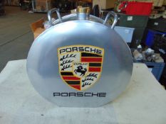 Lovely Hand Painted Porsche Silver oil can c/w Handles and Brass Top