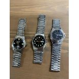 Three stainless steel wristwatches, dials marked West End Watch Co, Favre Leuba A/F