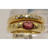 18ct yellow gold diamond ring with double row deign, with oval pink stone, approx size i/j, Tested