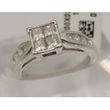 18ct white gold diamond ring of square set design. Approx 0.60cts, approx size L, stamped 18k DIA,