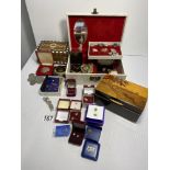 Three jewellery boxes with a mixture of costume jewellery, earrings to include some 9ct gold, coins,
