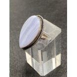 Silver ring with semi-precious blue lace agate carved into pear shape design, stamped 925, size M
