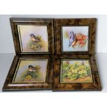 Four porcelain square ornithological plaques, Nuthatch, Stonechat x 2 and flowers, painted by Nigel