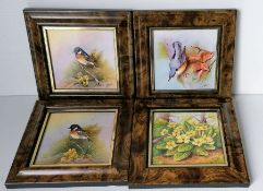 Four porcelain square ornithological plaques, Nuthatch, Stonechat x 2 and flowers, painted by Nigel