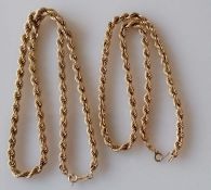 A gold rope twist chain, 42 cm and another, 36 cm, the latter with a damaged clasp, both 9ct with im