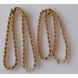 A gold rope twist chain, 42 cm and another, 36 cm, the latter with a damaged clasp, both 9ct with im