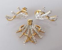 A pair of yellow gold earrings, each 22mm, with diamond decoration and matching pendant, 27mm, all w