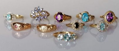 An assortment of ten gem-set rings, all 9ct gold, hallmarked/stamped, various sizes, 28.5g