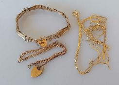An Art Deco-style gold gate-link lock bracelet, 16 cm; a rose gold bracelet chain with lock and a da