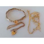 An Art Deco-style gold gate-link lock bracelet, 16 cm; a rose gold bracelet chain with lock and a da