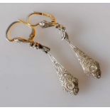 A pair of Art Deco diamond drop earrings, milgrain setting on white and yellow metal, indistinctly h