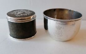 An Edwardian silver and tortoiseshell cylindrical box with with marquetry decoration to hinged lid (