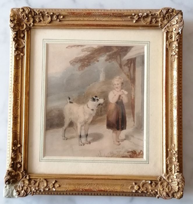 Attributed to Thomas Stothard (British, 1755-1834), GIRL AND DOG, watercolour, framed and mounted, 1 - Image 2 of 4