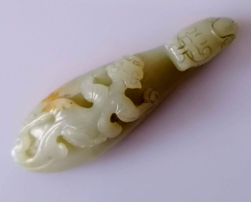 A 19th century Chinese jade belt buckle hook with dragon head carving and chilong surmount to shaft, - Image 2 of 4