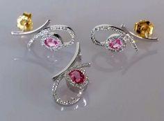 A pair of diamond and pink sapphire earrings, each 21mm, with matching pendant, 26mm, on a white gol
