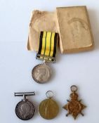 A British Army WW1 medal trio comprising 1914/1915 Star named to 9938 PTE. W. J. HAWKINS. WILTS R.,
