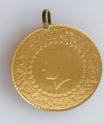 A Turkish gold lira coin pendant, 7.13g, 30mm