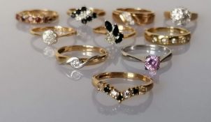 An assortment of ten gem-set rings, all 9ct gold, hallmarked/stamped, various sizes, 22.7g