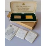 The Royal Wedding Stamp Replica, a 22ct gold (26.4g) and a silver (26.6g) ingot, to commemorate the