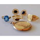 Two gem-set gold rings, sizes L, P, a pair of earrings, a signet ring, size Q, all 12g and gold fram