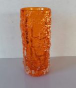 A Whitefriars tangerine glass textured bark cylindrical vase by Geoffrey Baxter, 19cm H