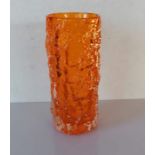 A Whitefriars tangerine glass textured bark cylindrical vase by Geoffrey Baxter, 19cm H