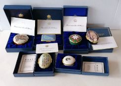 An assortment of six Halcyon Days enamel trinket boxes relating to Jordan, five with cards from Huss