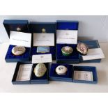 An assortment of six Halcyon Days enamel trinket boxes relating to Jordan, five with cards from Huss